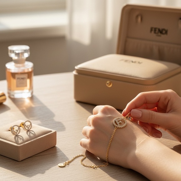 F Is For Fendi Gold and Rhinestone Earrings And Bracelet - Picture 4 of 8